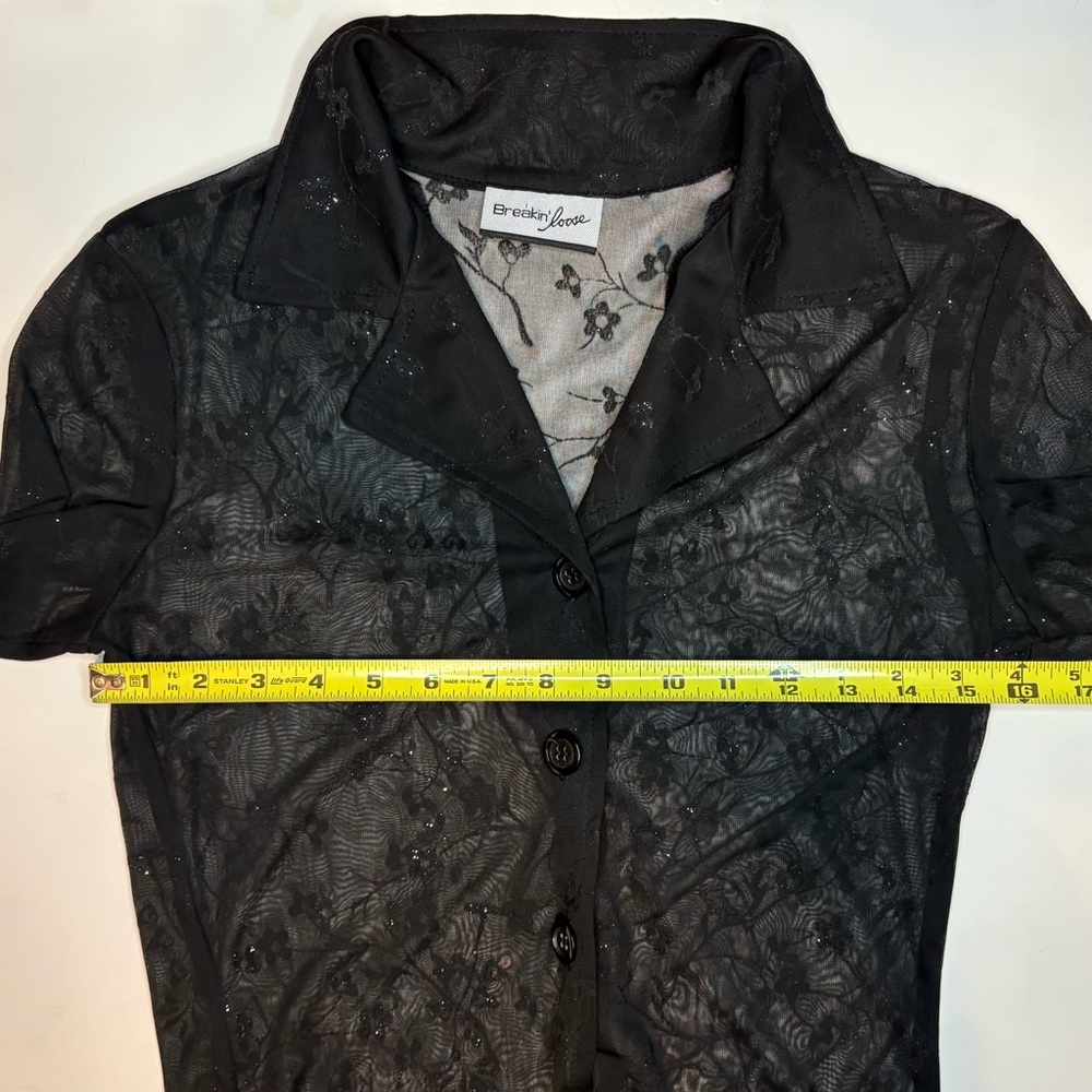 Vintage Sheer Black Floral Mesh Sparkle Duster Top with Bell Sleeves | XS/S - Picture 9 of 11